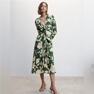 Mango Olive Green Midi Dress with Cream Floral Print